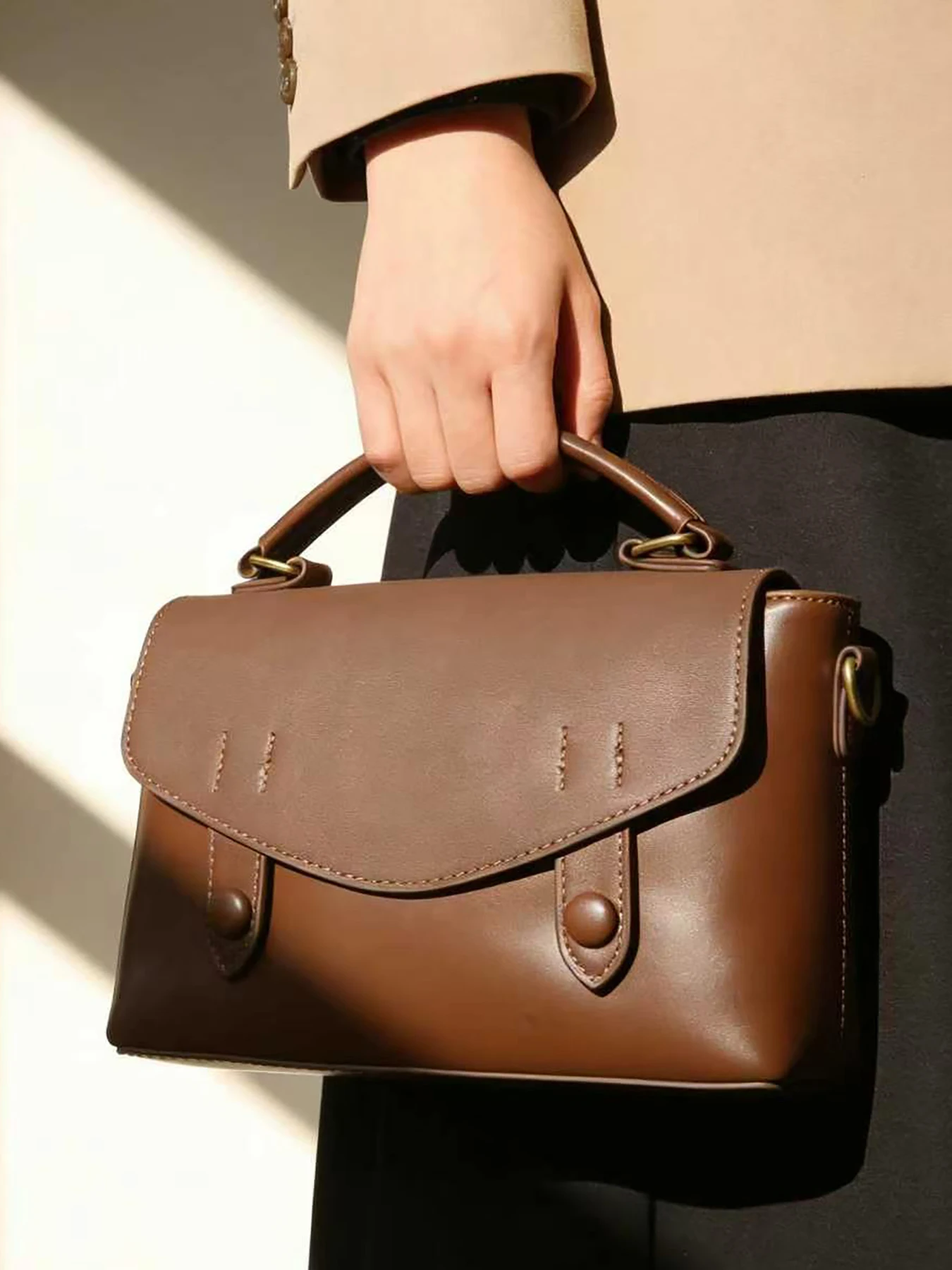 Women's Solid Color Versatile Commuting Bag Retro Brown Leather Handbag Multi-compartment Cambridge Bag Cute Top Handle Crossbod