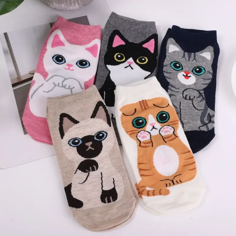 Calcetines de algodón con estampado de gato para mujer, medias de tubo medio, transpirables, desodorantes, dibujos animados, Anime divertido, alta