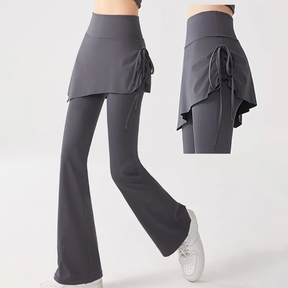

Women Tights Skirt Design Fitness Leggings Flare Hem 2 in 1 Sports Leggings Tight Drawstring Sports Yoga Pants Exercise