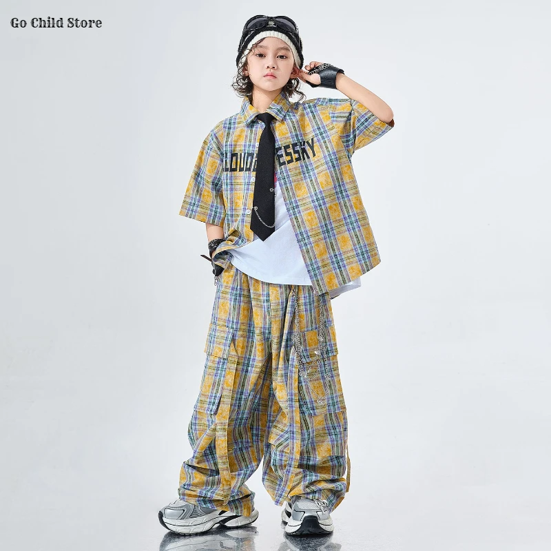 Hip hop meninas camisa xadrez calças de carga meninos moda roupas de dança de rua conjunto crianças adolescentes streetwear crianças k-pop jazz traje
