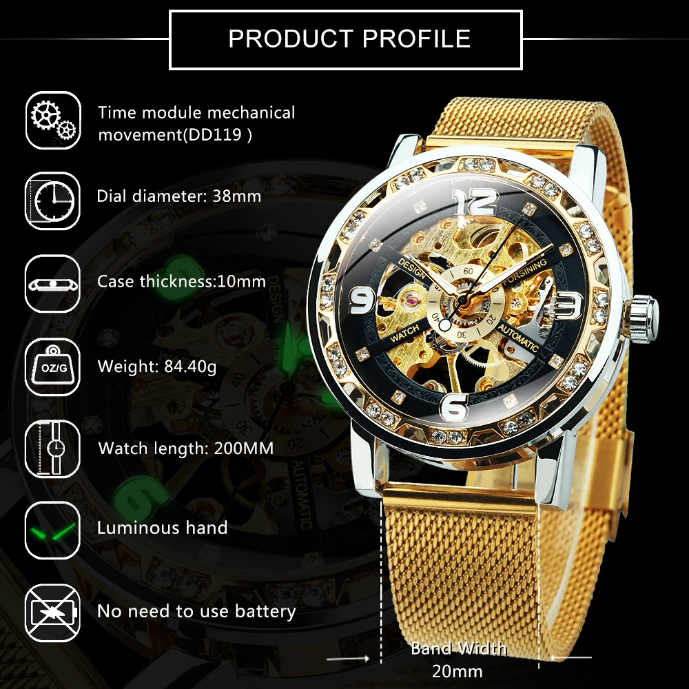 Forsining Vintage Luxury Mechanical Watches Classic Iced Out Gold Skeleton Watch for Men Luminous Hands Stainless Steel Strap