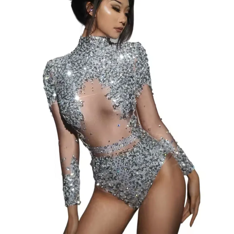 Sparkly Rhinestones Sequins Stretchy Leotard Jumpsuit for Women Sexy Performance Dance Costume Singer Bodysuit Stage Wear