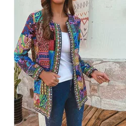 Women Cardigan Floral Print Coat Vintage Boho Ethnic Style Long Sleeve Plus Size Cotton Jacket Autumn Winter Retro Chic Loose