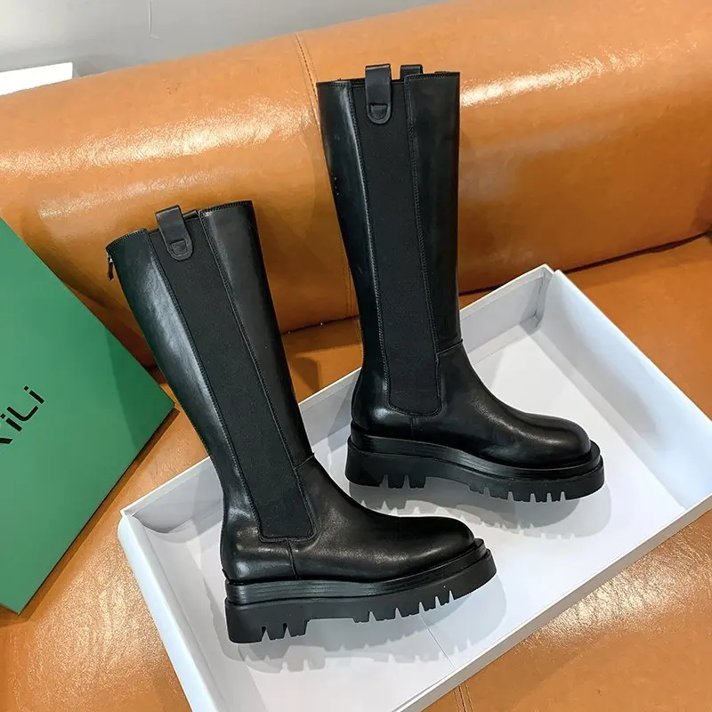 Neue Plattform Frauen Ritter Lange Stiefel Mode Warme Pelz Schuhe Herbst Winter Quadratische Absätze Damen Kniehohe Booties