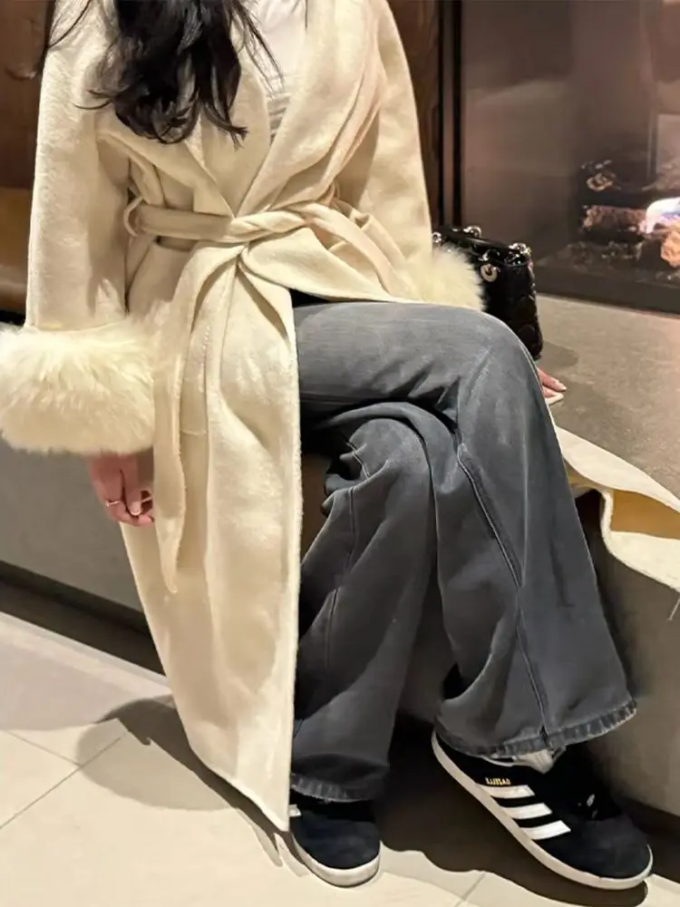 

Autumn Fashion Woolen Coats For Woman Lace Up Turn-Down Collar Slit Jackets Slim Warm Chic Tops Elegance Outwear New Clothes
