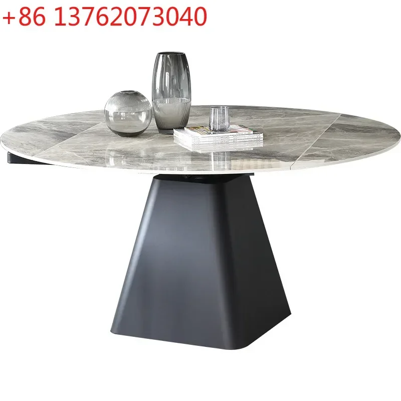 Italian retractable rock slab dining table and chair combination multi-functional rotatable square table becomes round table