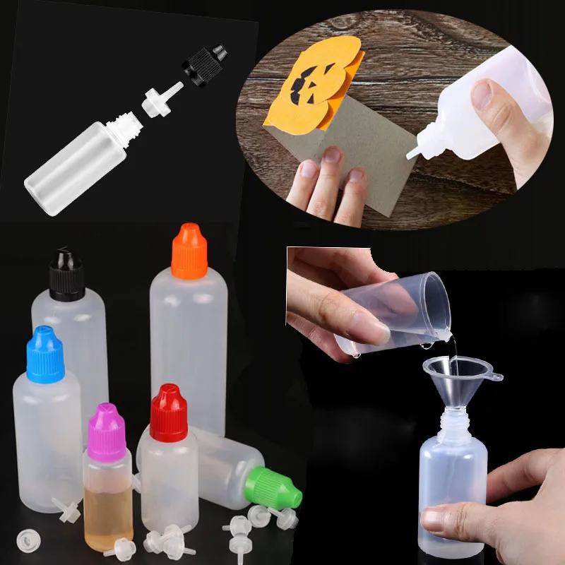 100 szt. pustych plastikowych butelek z zakraplaczem PE z długimi końcówkami 3ml-120ml Mini pojemniki podróżne na próbki do olejków rzemieślniczych DIY Glue