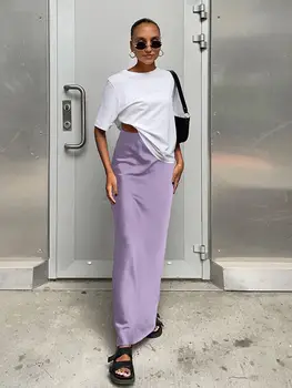 優雅緞面黑色喇叭裙 時尚修身高腰裙 女士純色辦公長裙 春夏 8 最佳銷售 緞面長裙 - №6