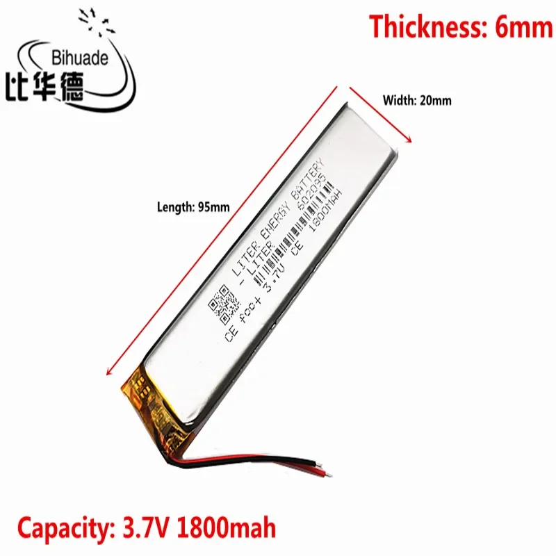 3.7V 1800mAh 602095 Lithium Polymer Li-Po Rechargeable Battery Lipo cells For Electrograph PDA Portable Speaker toys