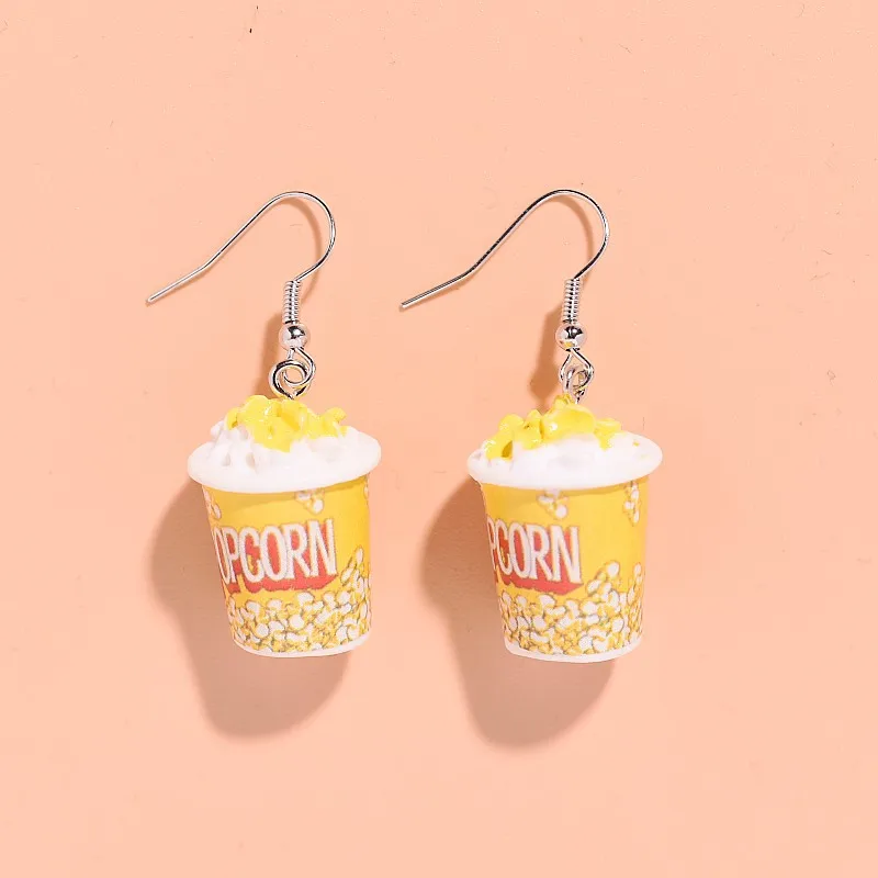 Diseño de palomitas de maíz de resina de simulación de dibujos animados de moda, pendientes colgantes de resina de nicho creativo