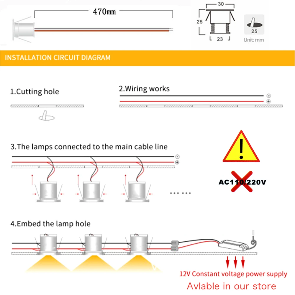 IP65 Recessed Downlight 1W DIY Spotlight Led 12v Dimmable Kitchen Cabinet Light 15MM Indoor Outdoor Spot Lamps Ceiling Lights