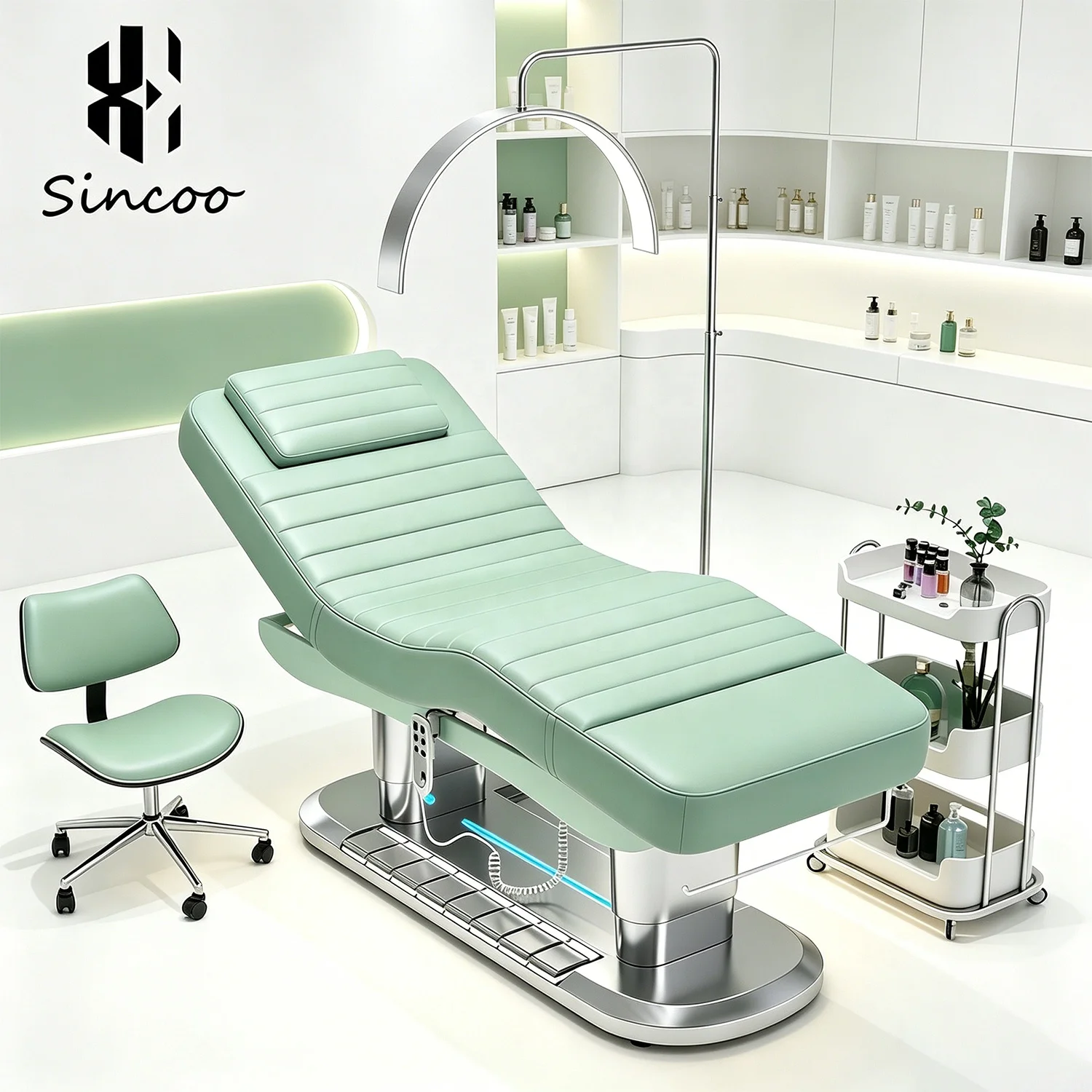 Manufacturer Luxury Modern Green Silver Beauty Salon  Facial Spa Lash Bed 4 Motor Electric Facial Beauty Massage Bed