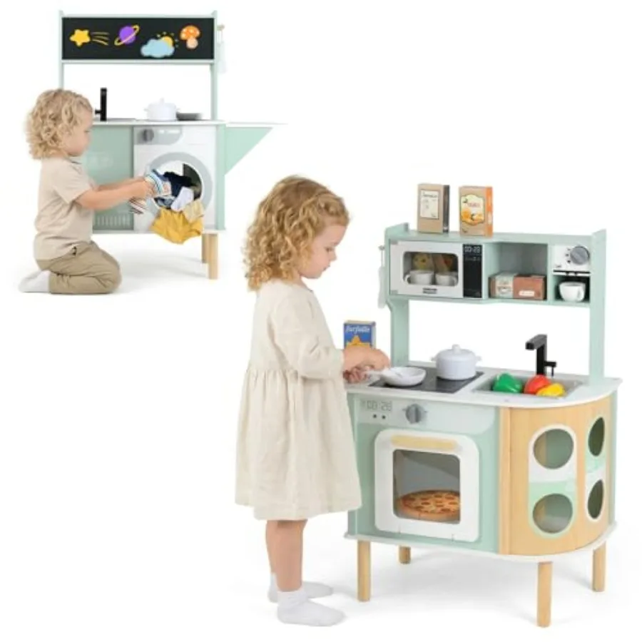 

Kitchen Playset, Toddler Wooden Pretend Cooking Set with Stove Microwave Dustbin Storage Cabinet, Play Kitchen Toy Set with Toy