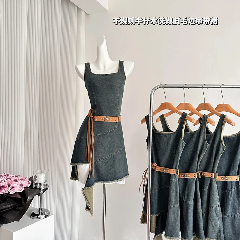 

Женское джинсовое платье на бретелях, винтажное платье-чехол неправильной формы с эффектом потертости и бахромой, весна-лето 2000