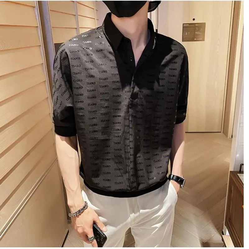 Fashion Printed Lapel Spliced Half Sleeve Letter Shirts Men\'s Clothing 2023 Summer New Casual Pullovers Tops Korean Shirt