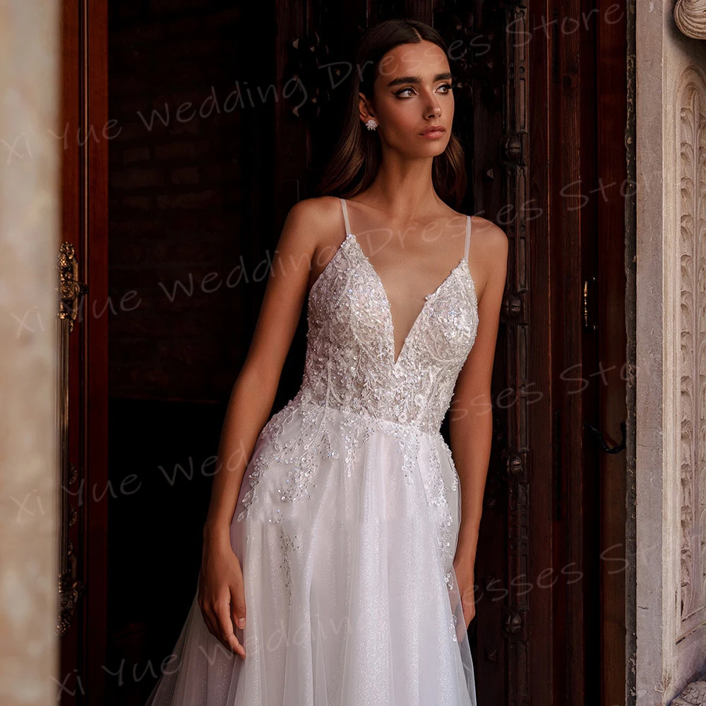 Vestido De novia De corte en A para mujer, traje Sexy bohemio, elegante, con Apliques De encaje, moderno, con tirantes finos, sin mangas