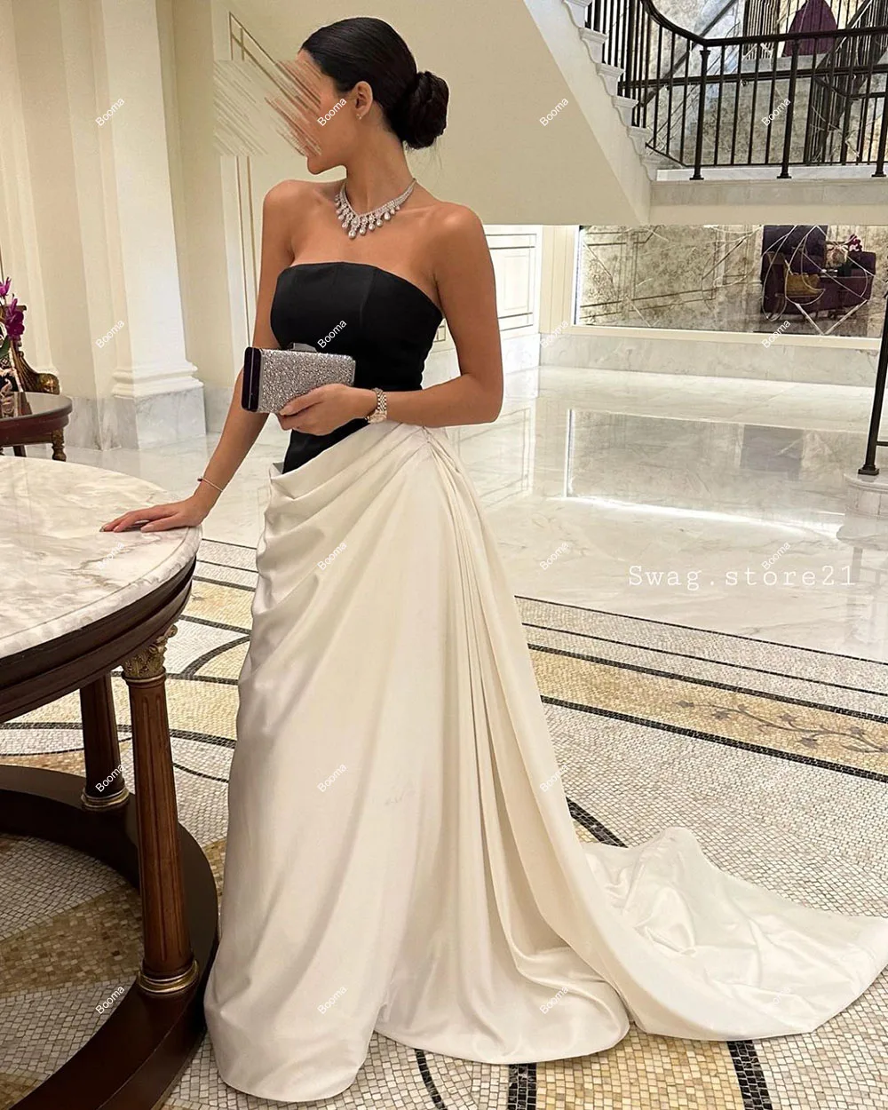 Booma Black and White Evening Dresses Strapless Pleat Formal Party Gowns Celebration Dress for Women Dubai Prom Gowns with Train