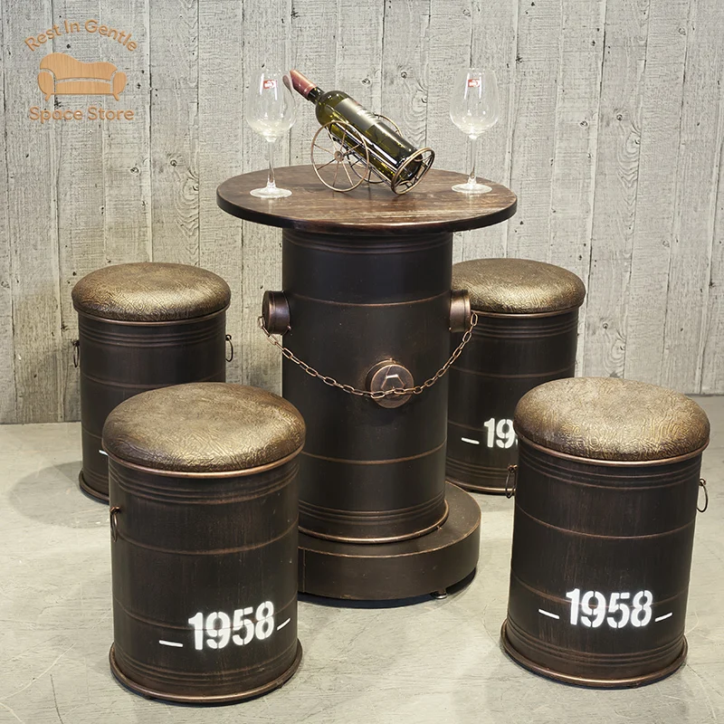 Industrial style retro bar milk tea hot pot shop hair salon clothing store tables and chairs iron barrel stool chair oil barrel