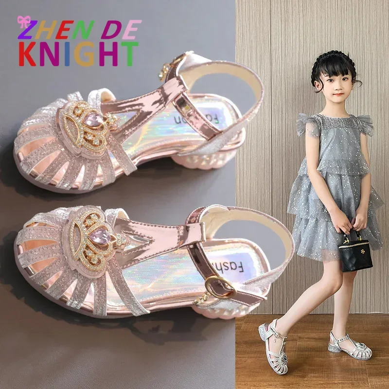 

Girls' Princess Sandals Closed Toe Princess Shoes 2024 New Summer Crown Baby Soft Sole Children's Crystal Shoes