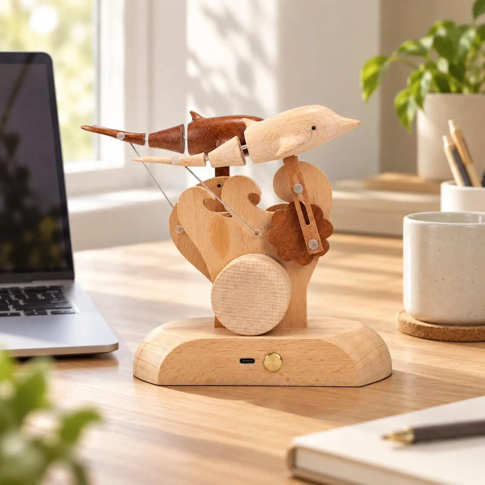 Dolphin Wooden Sculpture with Rounded Base for Office Desk Shelf Home Reading Nook Decorative Figurine Gift