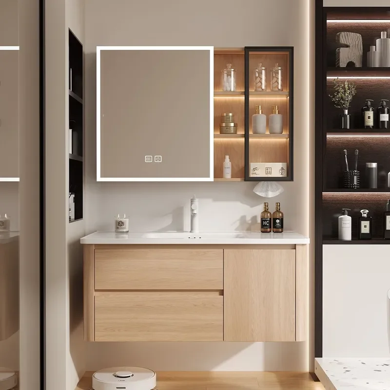 for Chinese Style Wind Wash Basin Cabinet Combination Log Color Honeycomb Aluminum Bathroom Cabinet Ceramic Integrated Basin