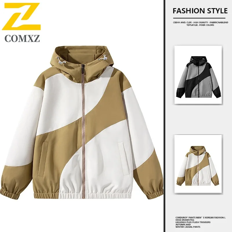 

Men Windproof Waterproof Hooded Jacket Big Pockets High Street Print Outdoor Windbreaker Coat for Hiking Trekking Streetwear