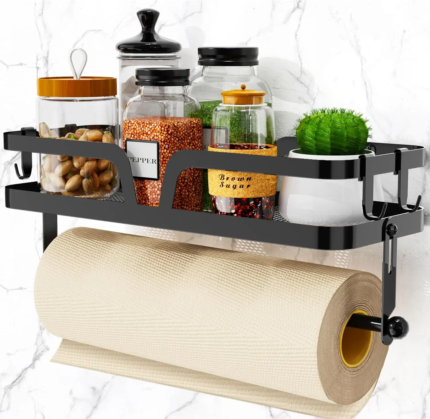 

Stainless Steel Modern Wall-Mounted Bathroom Paper Towel Holder Shelf Spice Rack 4 Hooks 2 Installation Methods