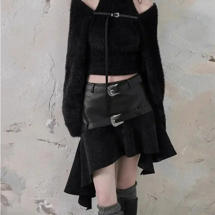 

High-Waisted Irregular Slimming Leather Skirt Women 2024 Spring Autumn New Style Spliced ​​Short A-Line Niche Design Skirt