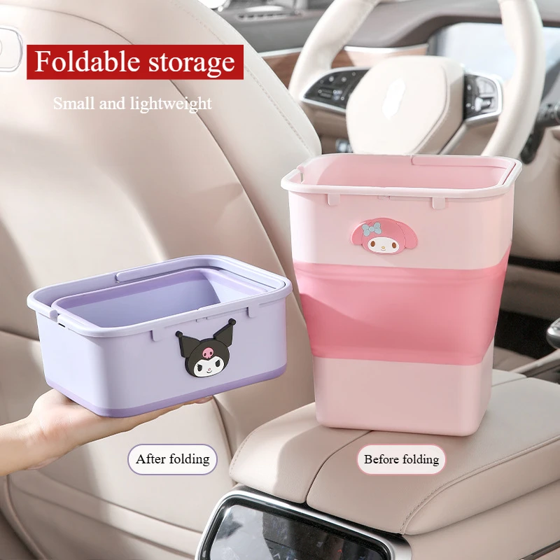 Sanrio Car Folding Garbage Can Car Umbrella Storage Kuromi Rear Car Storage Can Waterproof Sanitary Bin Organizer