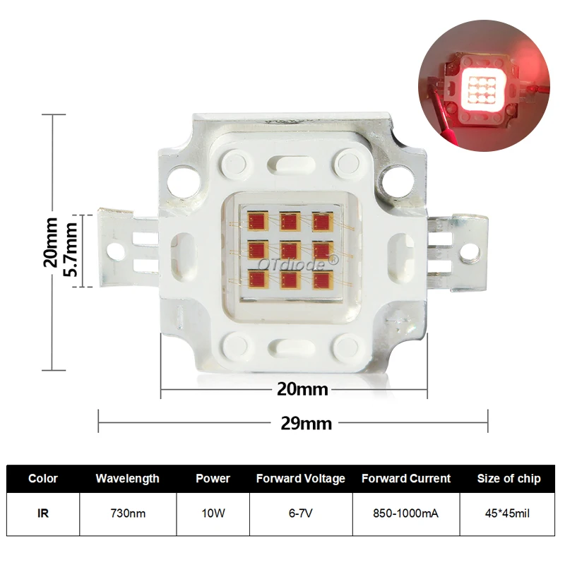 High Power 10W LED Chip IR Infrared COB Integrated 730nm 850Nm 940Nm Infrared Radiation Bulbs Detect Sensor Laser Flashlight