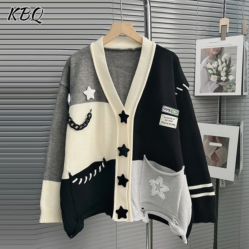 KBQ Colorblock High Street Sweater For Women V Neck Long Sleeve Patchwork Singlr Breasted Temperament Sweaters Female Fashion