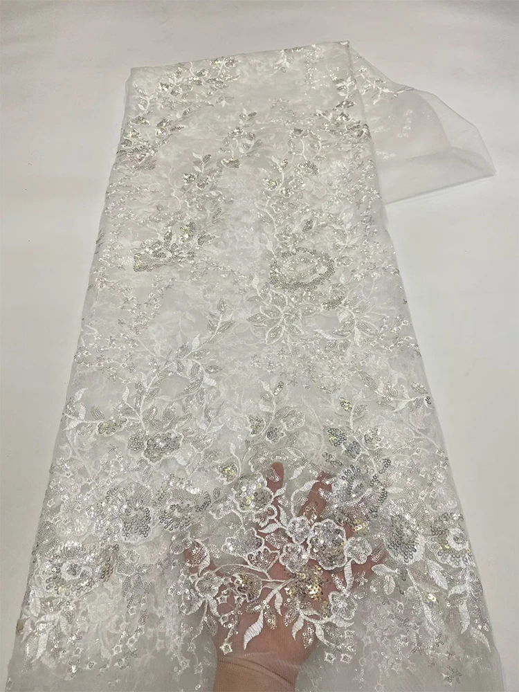 African Embroidery Sequins Lace Fabric 2026 High Quality French Nigerian Beaded Mesh Lace Fabric For Wedding Dress Sewing F827 2