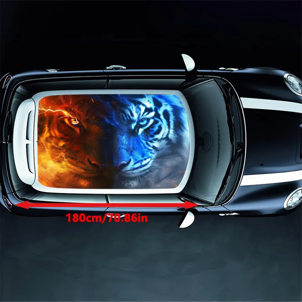 Tiger with Blue Lightning Eyes Car Roof Sticker Wrap Racing SUV Auto Accessories Packaging PVC Car Hood Graphic Decal Decoration