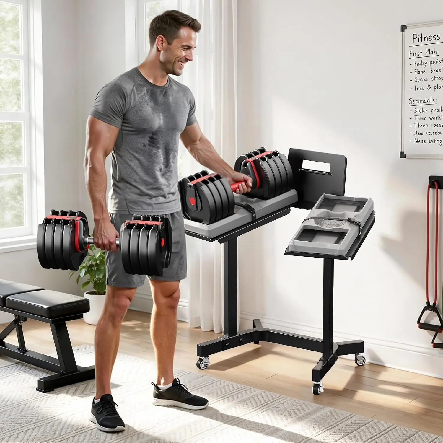 Adjustable Dumbbell Stand Rack with Tablet Holder and Wheels, Heavy Duty Rolling Organizer Cart for Home Gym (Rack Only)