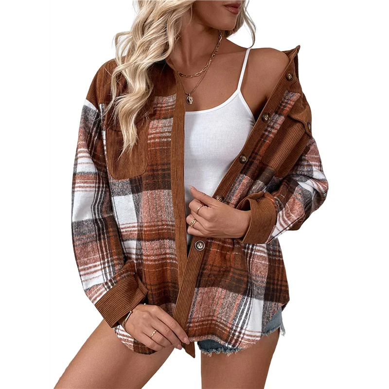 

ASDS-женские вельветовые рубашки с цветными блоками, блузки-бойфренды на пуговицах с длинными рукавами, топы