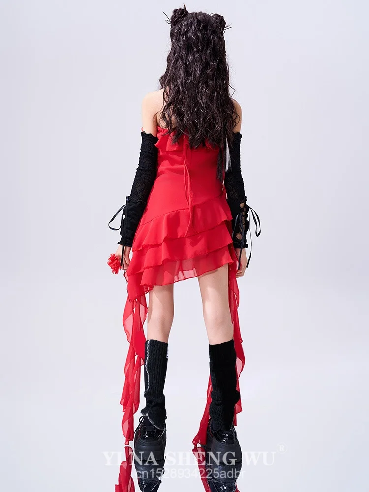 New Red Ribbon Dress Jazz Dance Clothes Street Dance Hip Hop For Girls Dress Suit Performance Music Festival Catwalk Outfits