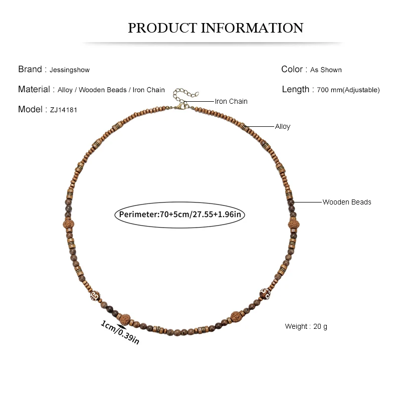 Men's Bohemian Vintage Wooden Bead Necklace Long Handmade Boho Neck Jewelry Fashion Pendant