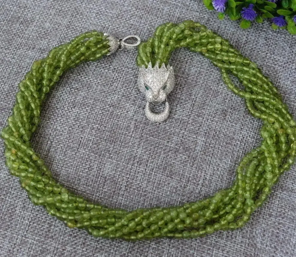 

new 4MM 8strds natural peridot Round necklace-zircon pendant 17"