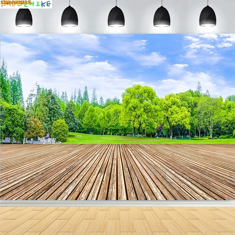 

Tranquil City Park Blue Sky Photography Backdrops Grass Landscape Bathed Morning Sunlight Garden Photo Background CG-02