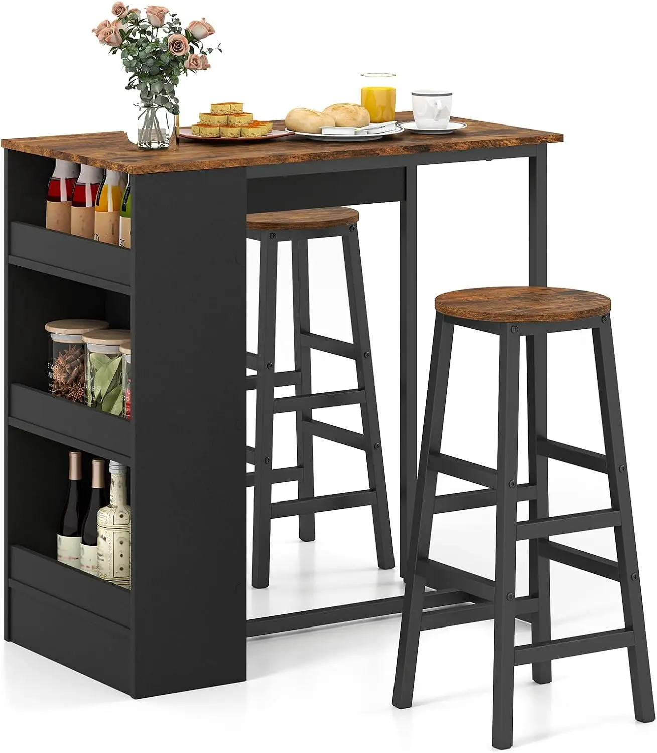 3-Pieces Dining Table Set, 36-Inches Rectangular Kitchen Table and 2 Barstools with Storage Shelves, Counter Height Table Set fo