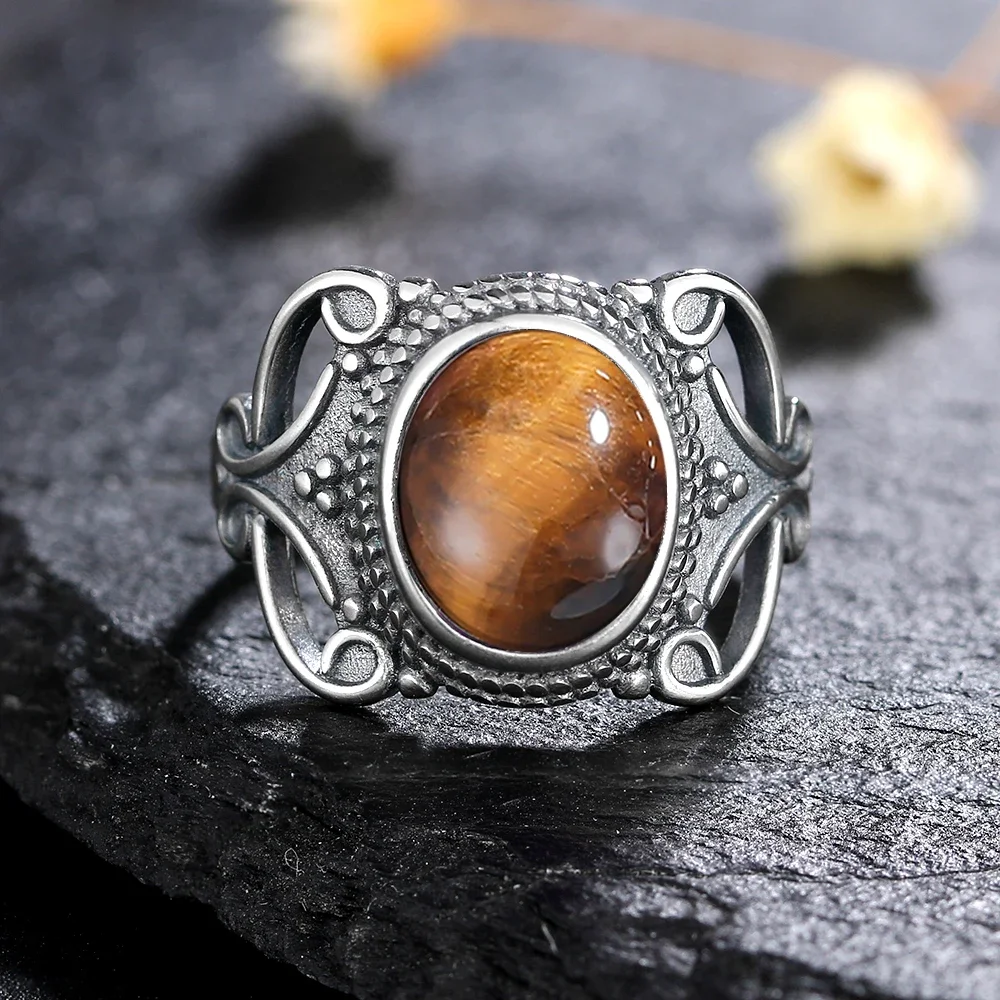 Natural Stone 925 Sterling Silver Ring Big Oval Tiger Eye  Stone Retro Engagement Wedding Party Gift for Men Women Jewelry