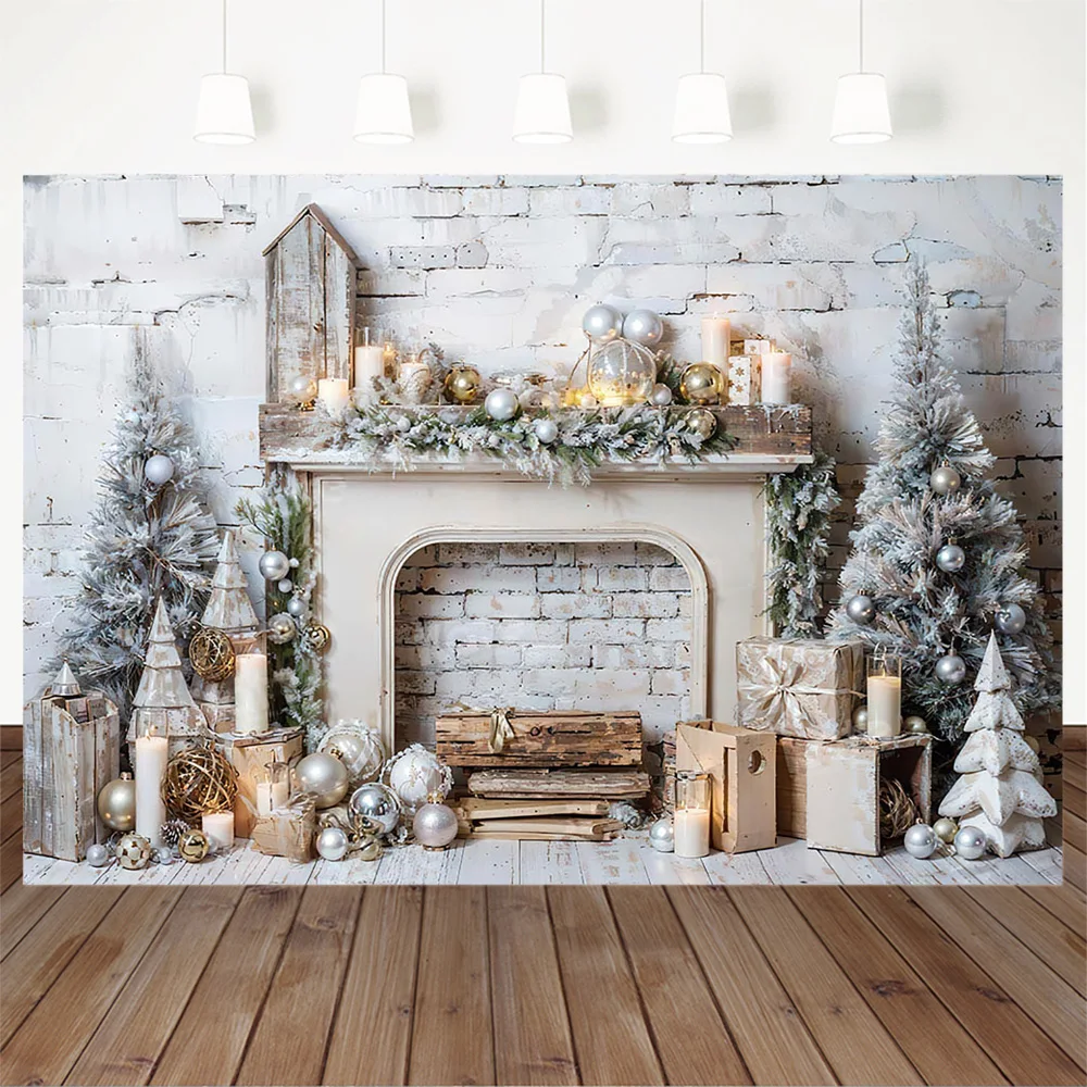 Fondo de chimenea blanca Retro para fotografía de navidad, regalos de árbol de Navidad, vela, pared de ladrillo, decoración de fiesta familiar de vacaciones
