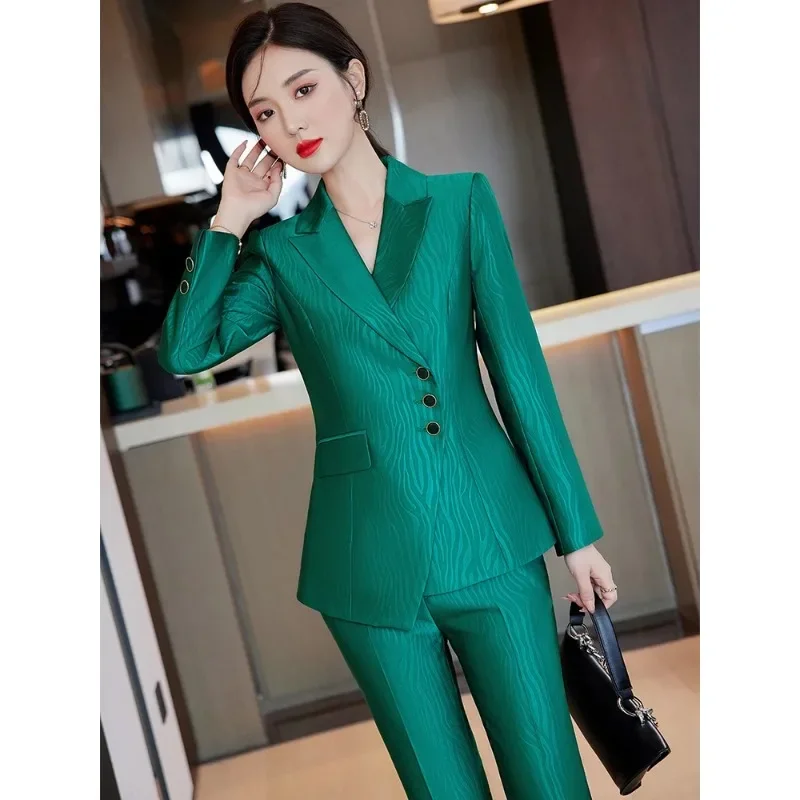 Autunno inverno donna pantalone da donna abbigliamento da lavoro da donna Set da 2 pezzi donna kaki verde nero a righe formale Blazer e pantaloni