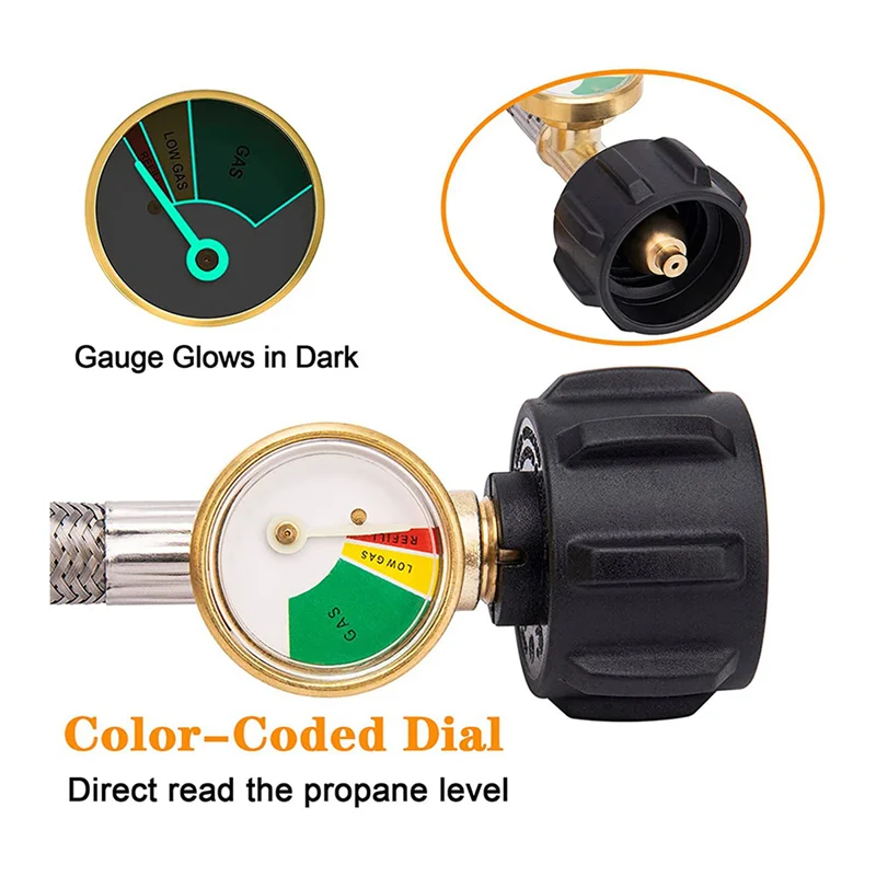 

15-дюймовый косичка для пропанового шланга для автофургонов с манометром для резервуаров емкостью 5–40 фунтов — быстроразъемный шланг для пропана в оплетке из нержавеющей стали, 4 шт.