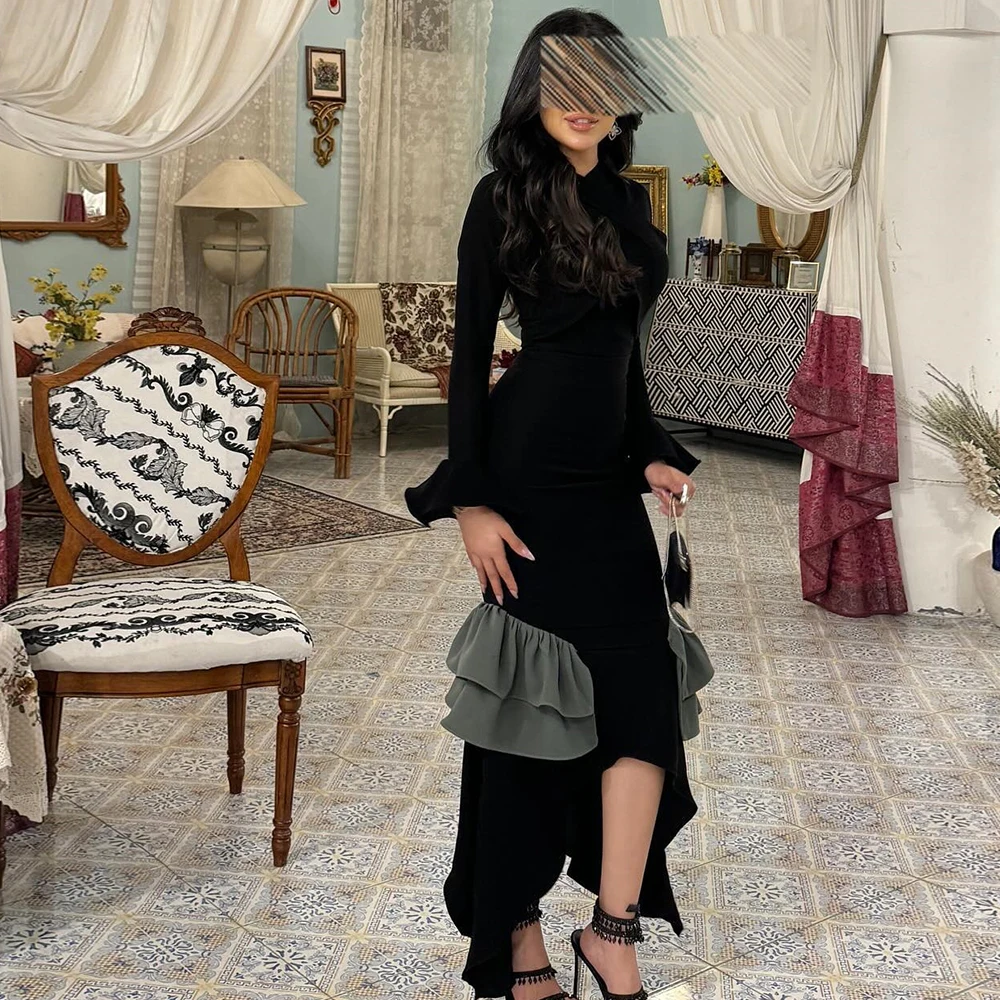 

Modern Straight High-Low Ankle Black Length O-neck Jersey Flare Sleeve Ruffles Prom Dress Pleats Saudi Arabia Women 2024