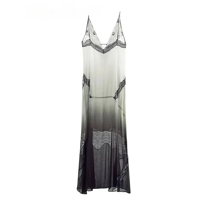 Bonny Casual Lace Sling Mesh Sheer Long Dresses Women Beach Sleeveless See Through Female Dress 2025 Summer Lady Vacation Robes