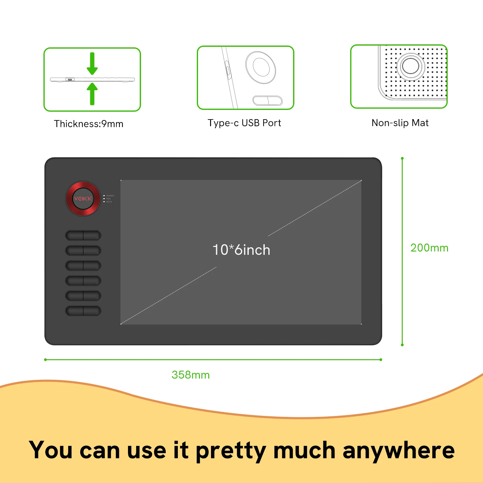 VEIKK A15 Graphics tablet for Drawing 10*6 Inch Tilt Android Windows Mac 12 shortcut keys Battery-free Stylus 8192 Levels