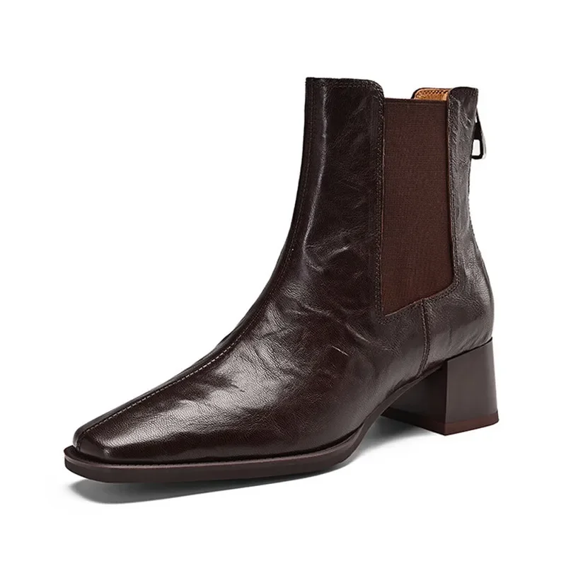 Nuevas Botas De Mujer De cuero genuino De Otoño Invierno, Botas De punta cuadrada a la moda para Mujer, Botas cortas para Mujer, Botas De tacón grueso para Mujer