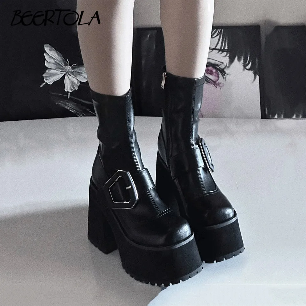 Women's Thick-Soled Chunky-Heeled Elastic Boots Niche Belt Buckle High-Heeled Short Boots Fashionable and Slim Personality Boots