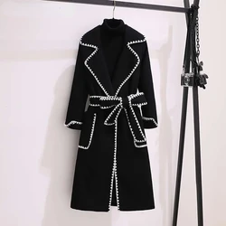 Oversized 4xl Fall Winter Woolen Long Coats Women's Lapel Slim Wool Blend Jackets With Belts Korean Elegant Thick Overcoats New